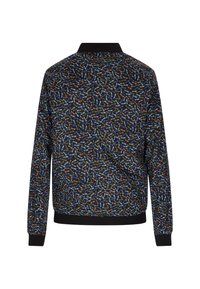 Bomber jacket nera con un motivo a fantasia, caratterizzata da un design colorato a foglia, colletto, polsini e vita a coste. Tessuto morbido con una finitura texturizzata.
