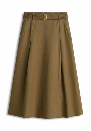 Brun A-formet midi-nederdel med bæltestropper og en guldfarvet oval spænde, der har sidelommer og et tekstureret stof.