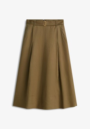 Brauner A-Linien-Midirock mit Gürtelschlaufen und einer goldenen ovalen Schnalle, mit seitlichen Taschen und einer strukturierten Stoffqualität.