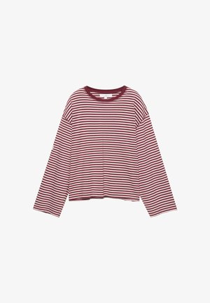 Long-sleeve, crew neck top featuring alternating maroon and white horizontal stripes, made from soft fabric with a relaxed fit.