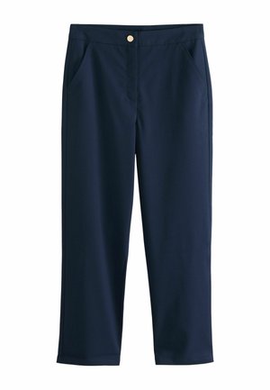 Marineblaue Hose mit geradem Bein, vorderen Taschen und einem goldenen Knopfverschluss am Bund, vor weißem Hintergrund dargestellt.