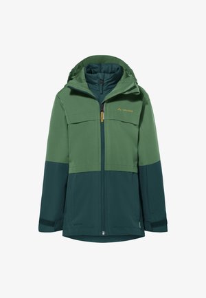 Grüne Jacke mit einem zweifarbigen Design, ausgestattet mit einer Kapuze, einem Reißverschluss und verstellbaren Bündchen. Hergestellt aus wasserabweisendem Material mit Fronttaschen.