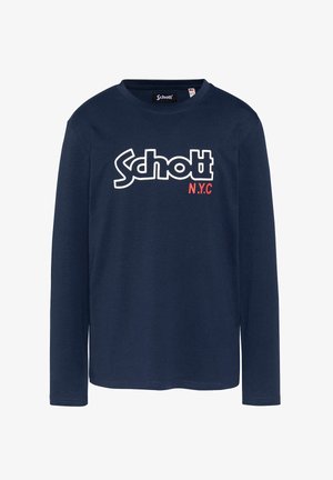 Chemise à manches longues navy en coton, avec un logo "Schott N.Y.C." blanc et rouge sur le devant. Encolure ronde classique, coupe standard.