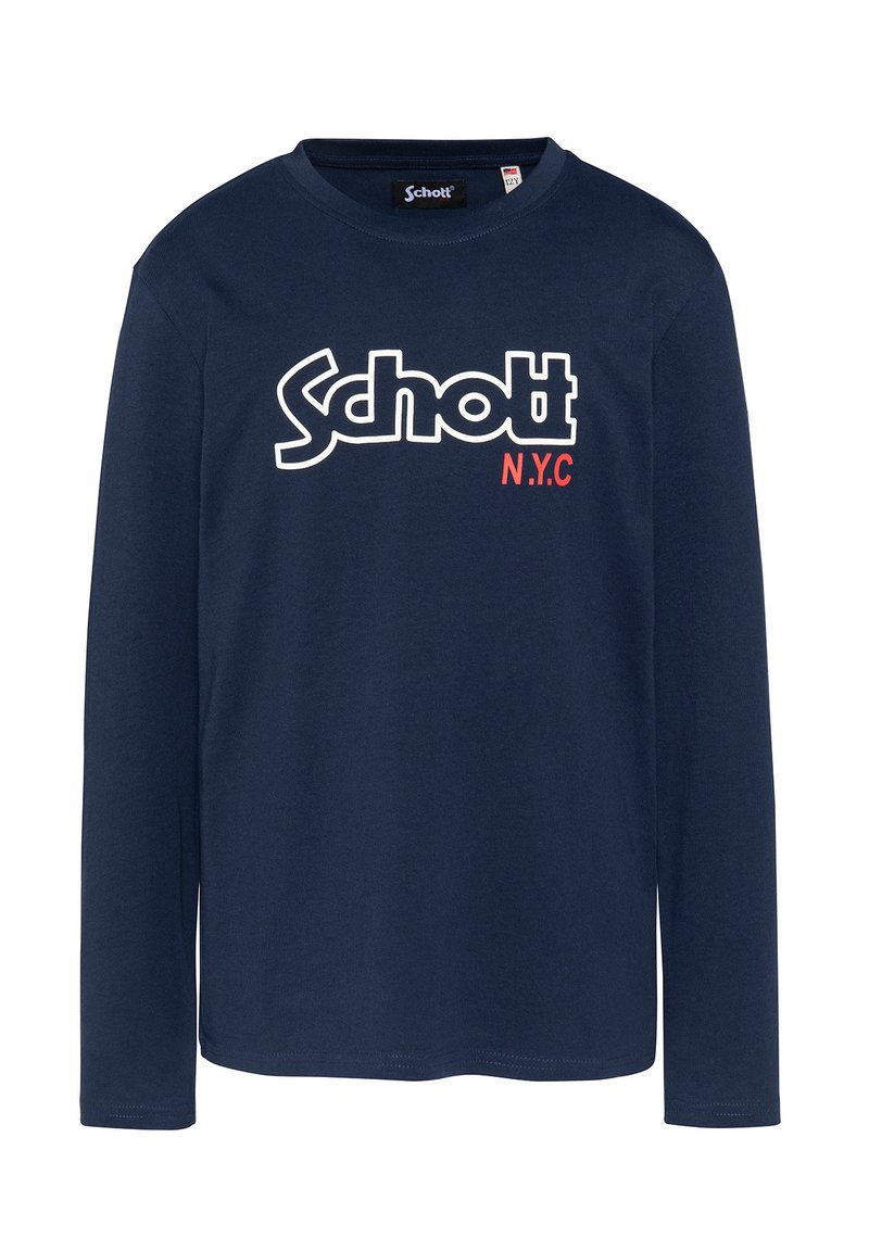 Chemise à manches longues navy en coton, avec un logo "Schott N.Y.C." blanc et rouge sur le devant. Encolure ronde classique, coupe standard.