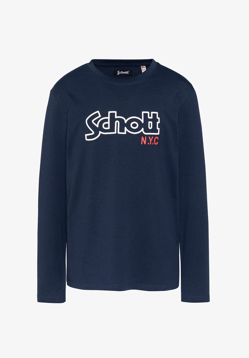 Chemise à manches longues navy en coton, avec un logo "Schott N.Y.C." blanc et rouge sur le devant. Encolure ronde classique, coupe standard.