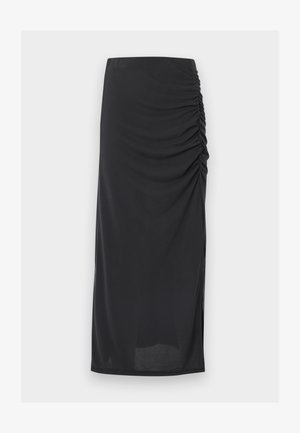 Μαύρη μεσάτη φούστα με ελαστική μέση και πιέτες που συγκεντρώνονται στη δεξιά πλευρά.