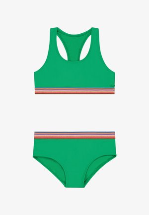Zelené dvojdielne plavky s topom na pretekárskej chrbte a bikini spodným dielom s viacfarebným pruhovaným pásom. Hladkátextúra, elastický materiál.