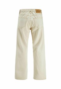 Beige Jeans mit weitem Bein und hoher Taille, ausgestattet mit einem Leder-Markenpatch, zwei Gesäßtaschen und einem glatten, strukturierten Stoff.