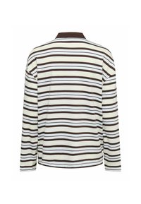 Langärmeliges Hemd aus weichem Stoff mit horizontalen Streifen in Braun, Weiß und Hellblau. Verfügt über einen braunen Kragen und eine lockere Passform.