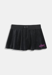 Μαύρη μίνι φούστα από βελούδο με ελαστική μέση, διαθέτει κορδόνι και ροζ κεντημένη λεπτομέρεια "Angel" στο τελείωμα.