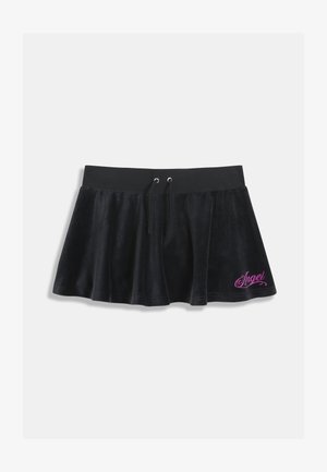 Fekete velúr miniszoknya rugalmas derékpánttal, húzózsinórral és a szegélyen rózsaszín "Angel" hímzéssel díszítve.