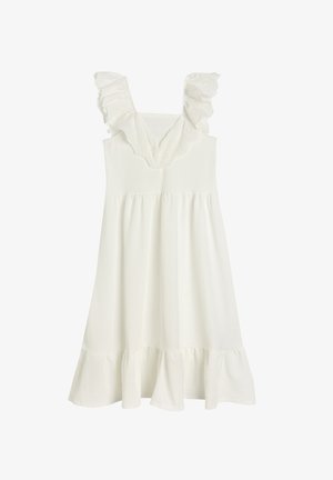 Biała sukienka z dekoltem w kształcie litery V, falbaniastymi ramiączkami i wielowarstwowym dołem z falban. Wykonana z lekkiego, teksturowanego materiału.