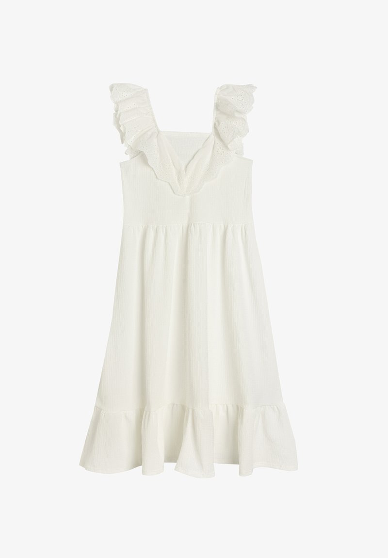 Biała sukienka z dekoltem w kształcie litery V, falbaniastymi ramiączkami i wielowarstwowym dołem z falban. Wykonana z lekkiego, teksturowanego materiału.