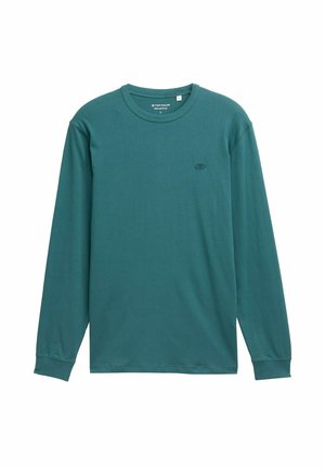 Langärmliges Rundhalsausschnitt-Shirt aus teal Baumwolle, mit einem dezenten Logo auf der Brust, Rippbündchen und klassischer Passform.
