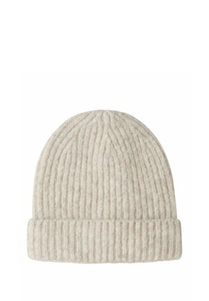 Cream-colored knitted wool beanie with thick ribbed texture and a folded cuff at the bottom.