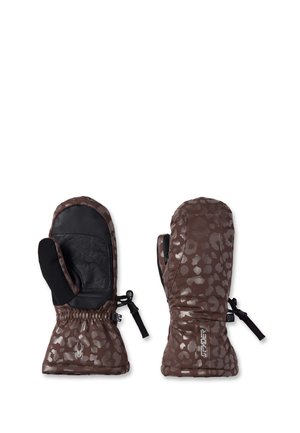Paire de mitaines marron à imprimé léopard avec prise paume noire, poignet élastique et sangles noires réglables au poignet.