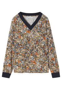 Long-sleeve v-neck shirt featuring a multicolored floral pattern on a light background, with a dark, solid-colored neckline and cuffs.