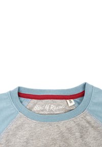 Ljust grå T-shirt med blå raglanärmar och en röd halsringning. Har märkesetikett "Band of Rascals" inuti kragen.