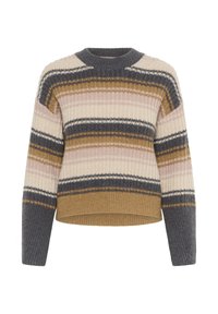 Strickpullover mit rundem Halsausschnitt und langen Ärmeln, in horizontalen Streifen in Creme, Grau, Braun und Rosatönen. Strukturiertes Finish.