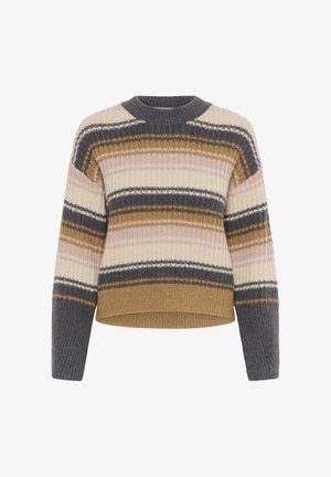 Pleten pulover z okroglim izrezom in dolgimi rokavi, z vodoravnimi črtami v odtenkih smetane, sive, rjave in roza. Teksturirana površina.