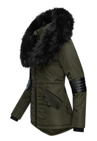 Green padded jacket featuring a black faux fur collar, quilted black leather details on sleeves, and front pockets with flap closures.