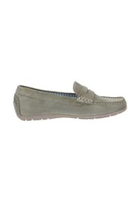Graue Wildleder-Slipper mit einem gesteppten Design auf der Vorderseite, Gummisohle und einem hellblauen Gingham-Innenfutter. Weiche Textur, lässiger Stil.