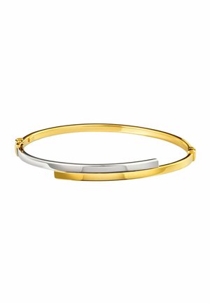 Gold- und silberfarbener Metallarmreifen mit glatten, abgerundeten Kanten und einem dünnen Barren-Detail. Verfügt über ein minimalistisches und zeitgenössisches Design.