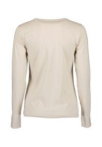 Beige pitkähihainen paita, joka on valmistettu pehmeästä kankaasta. Tässä paidassa on pyöristetty kaula-aukko ja yksinkertainen, sileä tekstuuri, jossa ei ole kuvioita tai yksityiskohtia.