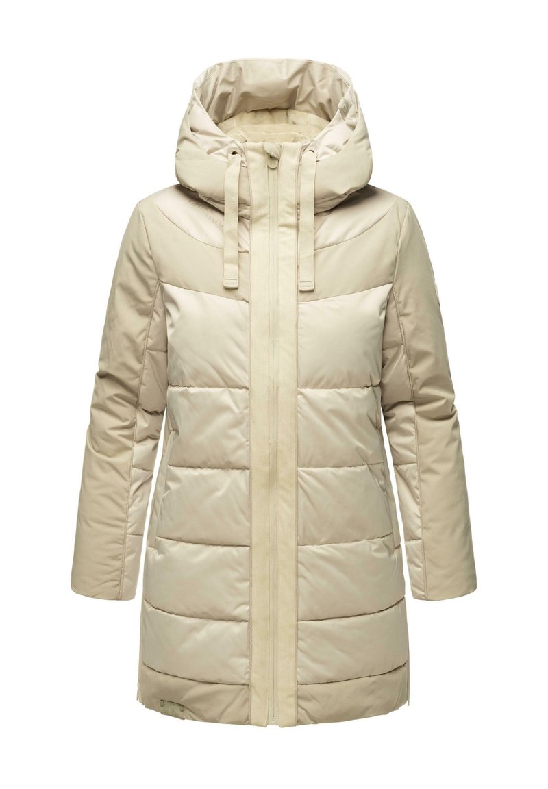 Beige pufferjack met een capuchon, voorzien van een rits aan de voorkant, elastische verstelkoorden en horizontale naden op het lichaam voor isolatie.