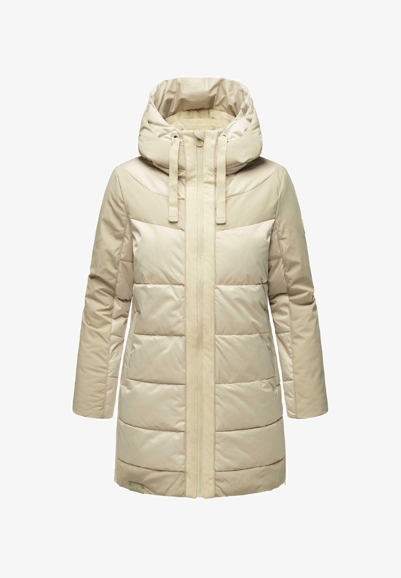 Beige puffer jacket with a hood, featuring a front zipper, elastic drawstrings, and horizontal stitching on the body for insulation.