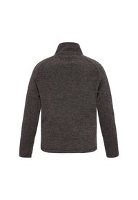 Sötétszürke pulóver polárdzseki magas gallérral, hosszú ujjakkal és texturált anyaggal. Látható varrások vagy fémes részletek nélkül. Hátulnézet.