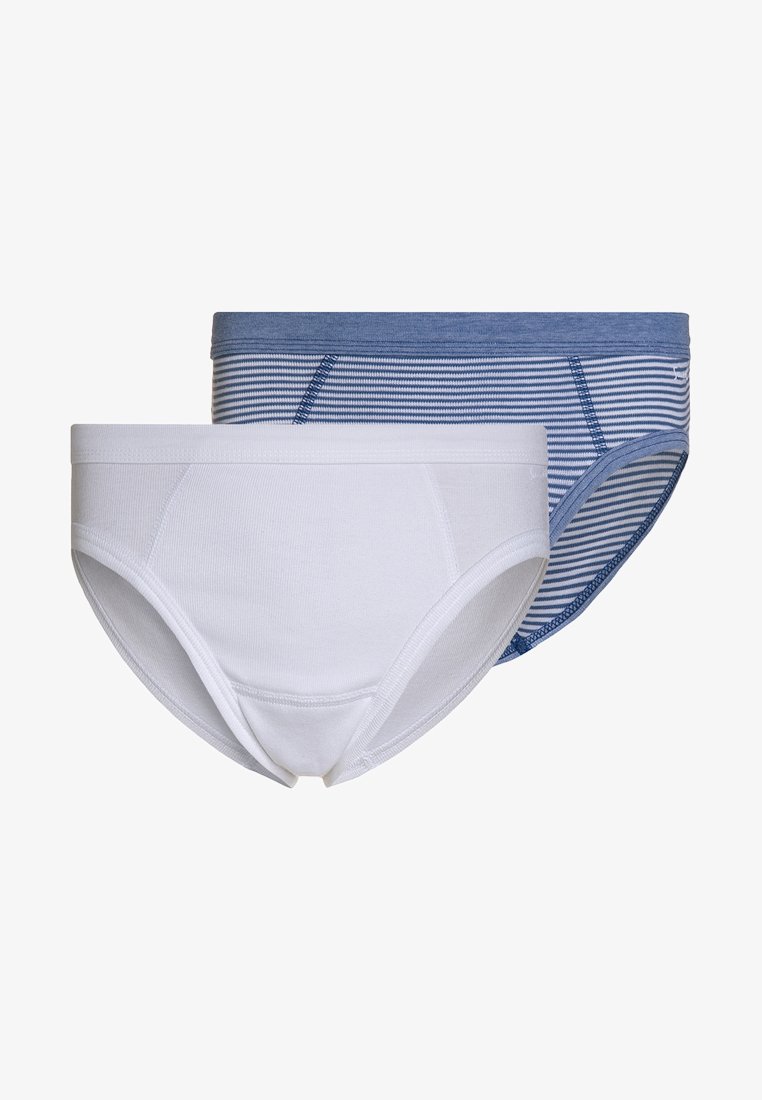 Dois pares de boxers: um branco sólido e outro azul com riscas horizontais. Feitos de algodão suave com cinturas elásticas e um design ajustado.