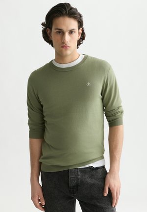 Giovane uomo con capelli scuri di media lunghezza indossa un maglione verde oliva sopra una camicia bianca e jeans scuri su uno sfondo chiaro e uniforme.