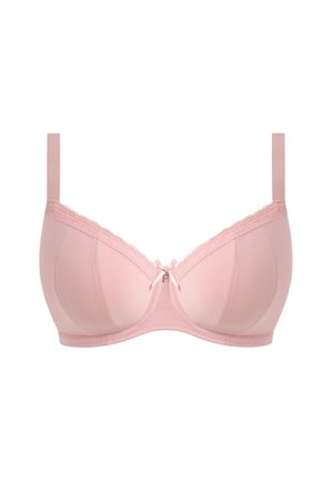 Soutien-gorge matelassé rose clair avec bretelles réglables, bordure en dentelle le long des bords supérieurs, et un petit nœud au centre avant.