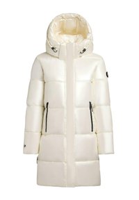 Puffer jacket in shiny, cream fabric with a high collar and detachable hood. Features two black zippered side pockets and quilted design.