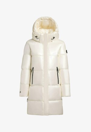 Puffer jacket in shiny, cream fabric with a high collar and detachable hood. Features two black zippered side pockets and quilted design.