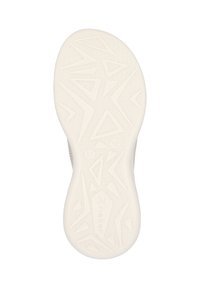 Sole of a shoe in light beige with a textured pattern featuring angular shapes and a brand logo. Smooth finish designed for grip.