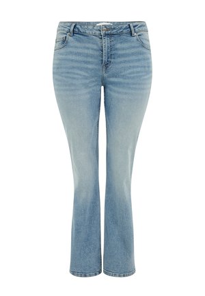Světle modré džíny z denimu s mírným rozšířením na spodním okraji, vybavené klasickým pětipocketovým designem a jemným vyblednutím pro texturu.