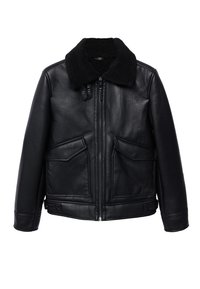 Giubbotto di pelle nero con un ampio colletto in shearling nero, chiusura con zip, due tasche frontali e una texture liscia.