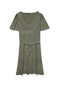 Vestido a rayas en verde oliva y crema, con escote en V, mangas cortas, cintura ajustada con un lazo y una falda fluida.