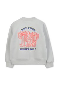 Sweatshirt gris clair avec un graphique de cactus coloré et le texte "LÈVE LES MAINS !" en lettres grasses. Tissu jersey, coupe décontractée.