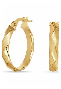 Guldörhängen med en vriden design, polerad yta och ett säkert spänne. Ytan har en kombination av släta och strukturerade områden.