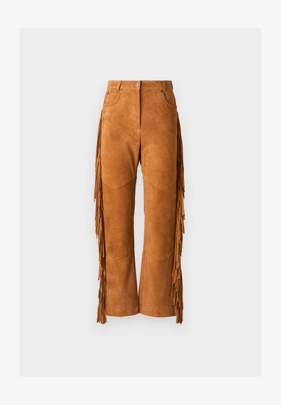 Braune Wildlederhosen mit langen Fransen entlang der Seiten, einem weiten Beindesign und vorderen Taschen mit abgesteppten Akzenten.