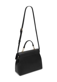 Black leather handbag with a structured design, featuring a top handle and an adjustable shoulder strap, accented with gold hardware.