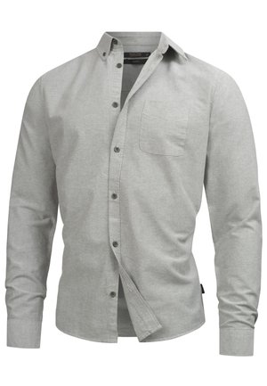 Light gray long-sleeve shirt with button-down collar, chest pocket, and green buttons. Soft fabric with a smooth texture and slim fit design.