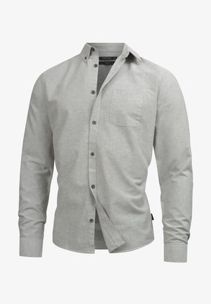 Helles graues Langarmhemd mit Button-Down-Kragen, Brusttasche und grünen Knöpfen. Weicher Stoff mit glatter Textur und slim fit Design.