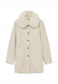 Manteau en laine beige avec un col en fausse fourrure, présentant une coupe droite, une fermeture à boutons sur le devant et deux poches latérales. Texture douce et motif minimaliste.