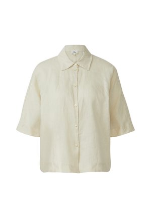 Hellbeige Leinenbluse mit klassischem Kragen, kurzen Ärmeln und Knopfverschluss vorne. Weicher Stoff mit lässiger Passform.
