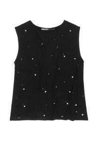 Czarny top bez rękawów z miękkiego materiału z rozsianymi białymi kropkami. Okrągły dekolt i luźny krój. Brak widocznych elementów metalowych.