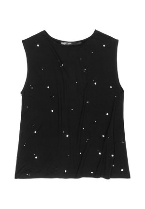 Črna top brez rokavov iz mehke tkanine z raztresenimi belimi pikicami. Okrogel izrez in sproščen kroj. Brez vidnih zadrg ali gumbov.